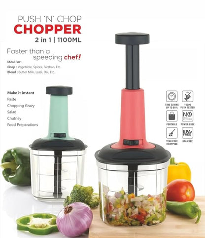 Manual Vegetable & Fruit Chopper Multicolor | Quick & Push Hand Chopper | 450ml/500ml/650ml/700ml/1000ml/1100ml Sizes | Kitchen Cutter for Salad, Ginger, Onion & Veggies